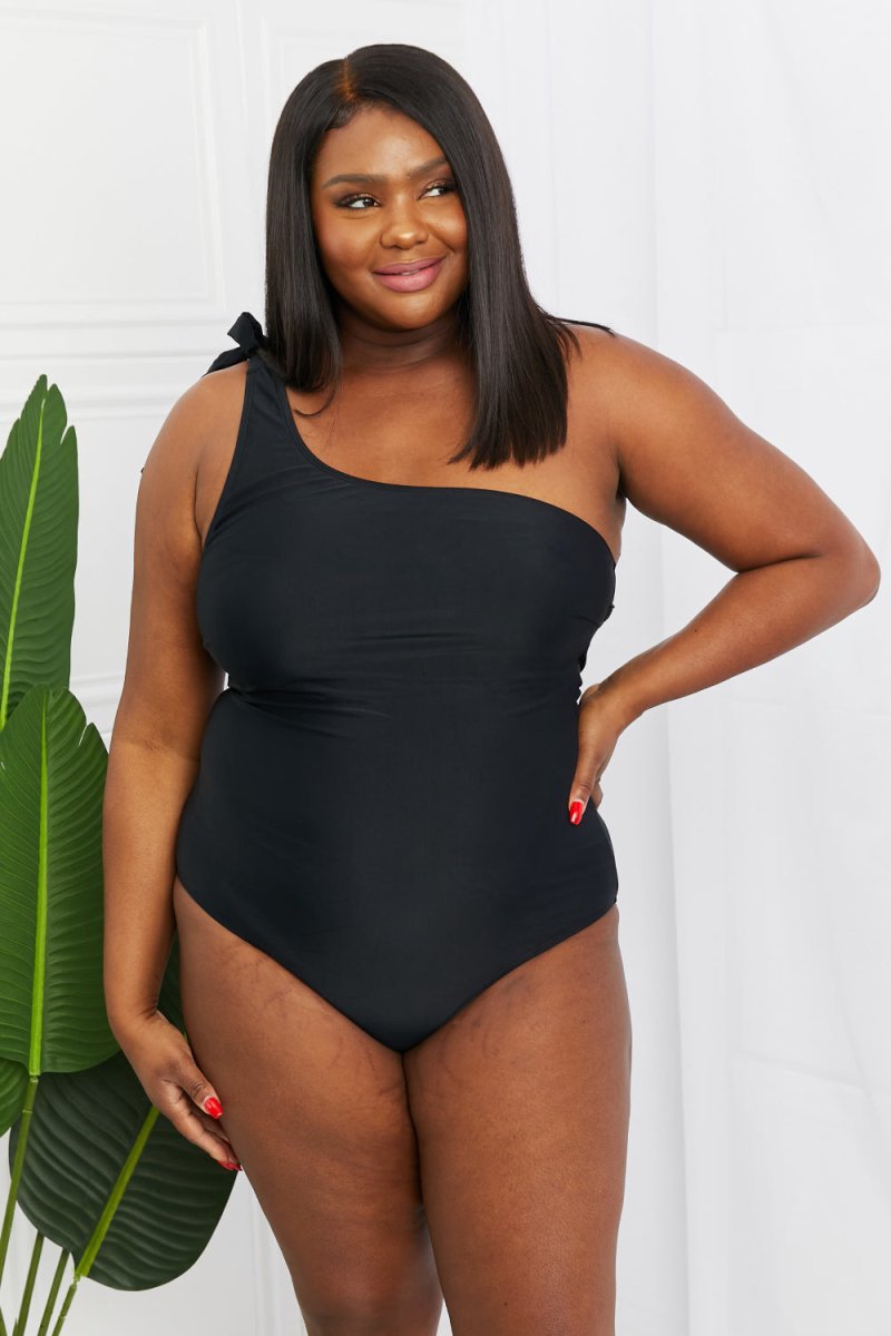 Marina West Swim Deep End One-Shoulder One-Piece Swimsuit in Black - Taplike