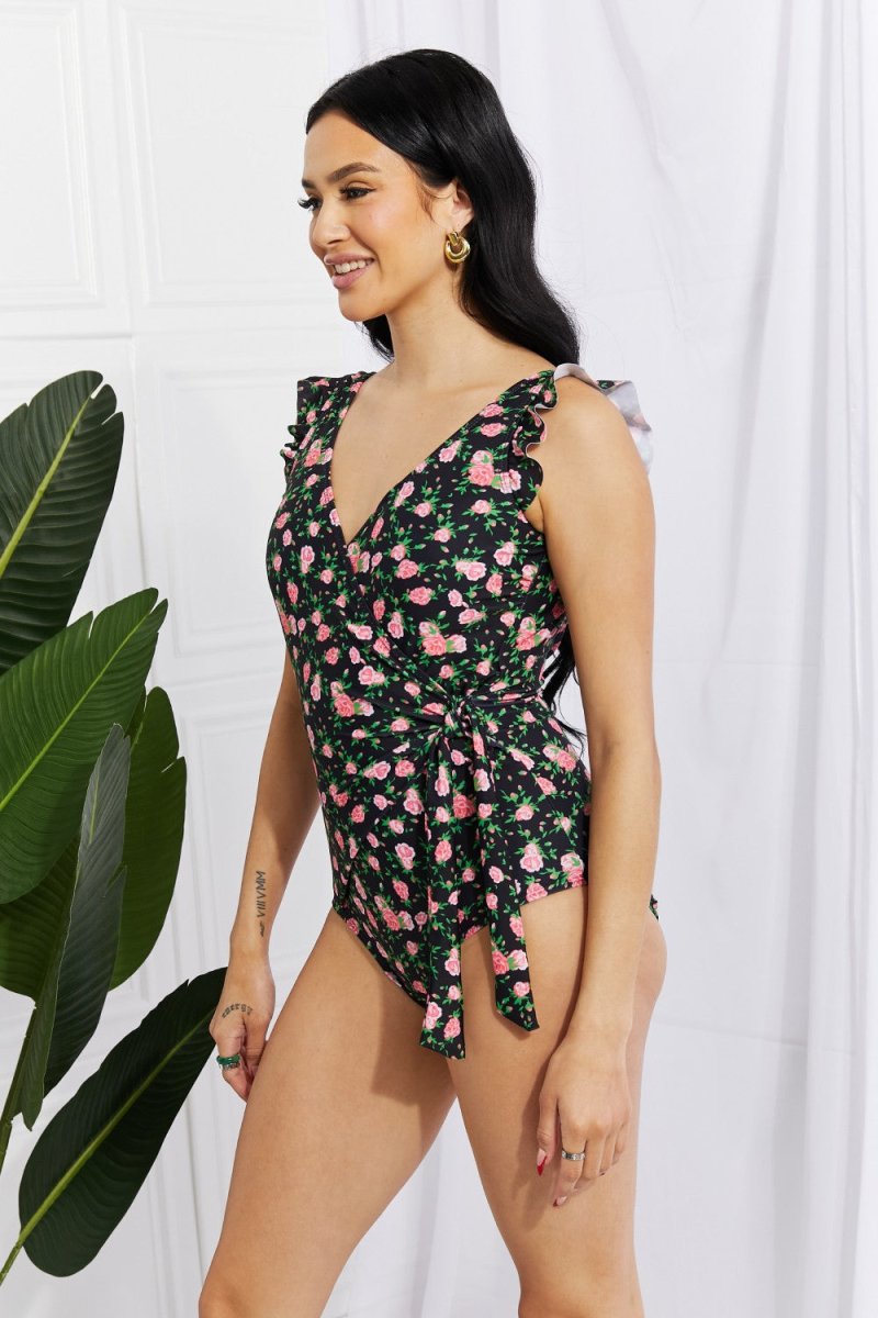 Marina West Swim Full Size Float On Ruffle Faux Wrap One-Piece in Floral - Taplike