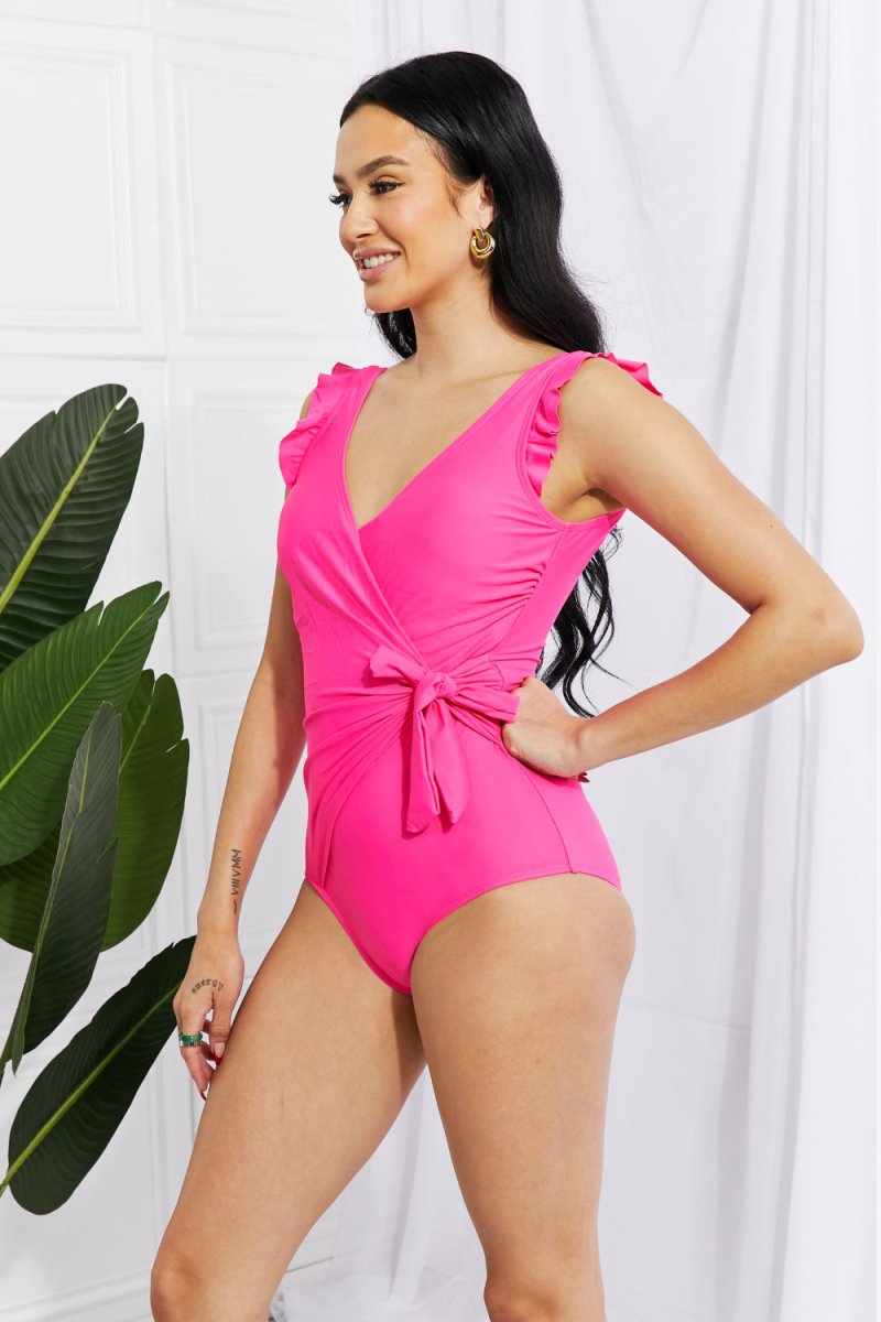Marina West Swim Full Size Float On Ruffle Faux Wrap One-Piece in Pink - Taplike