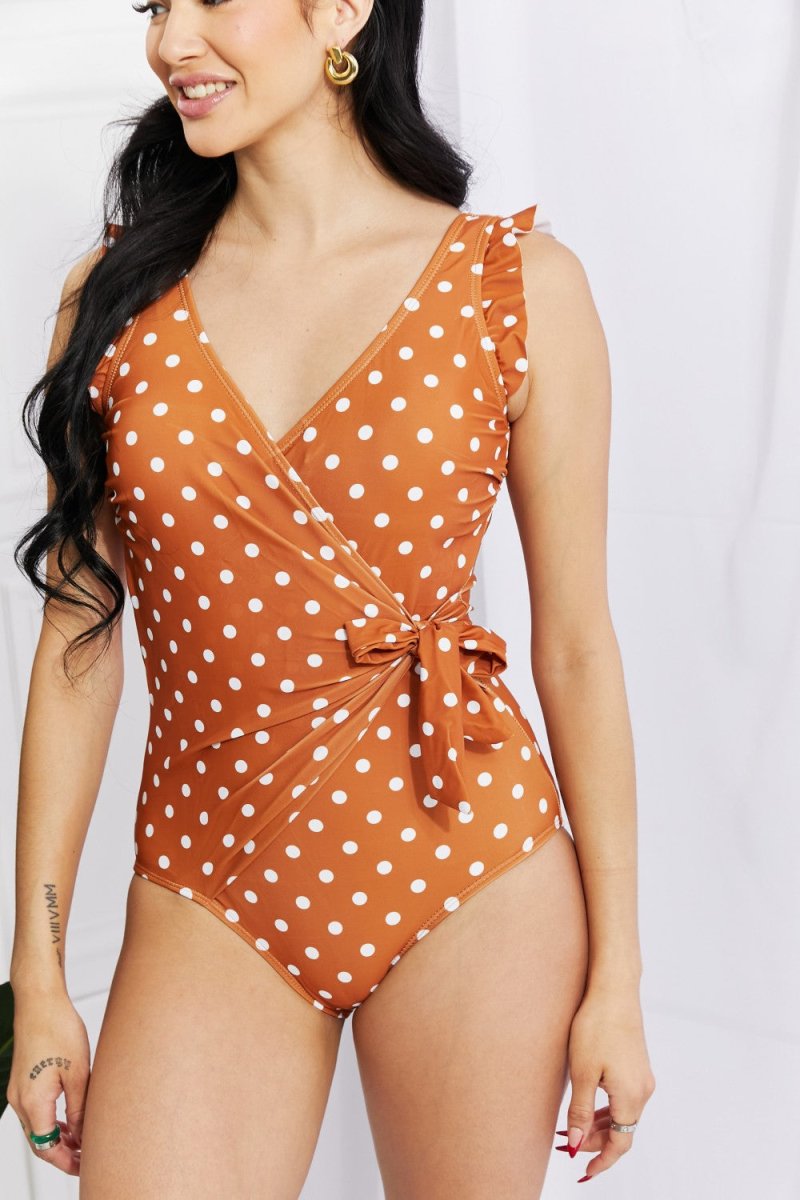 Marina West Swim Full Size Float On Ruffle Faux Wrap One-Piece in Terracotta - Taplike