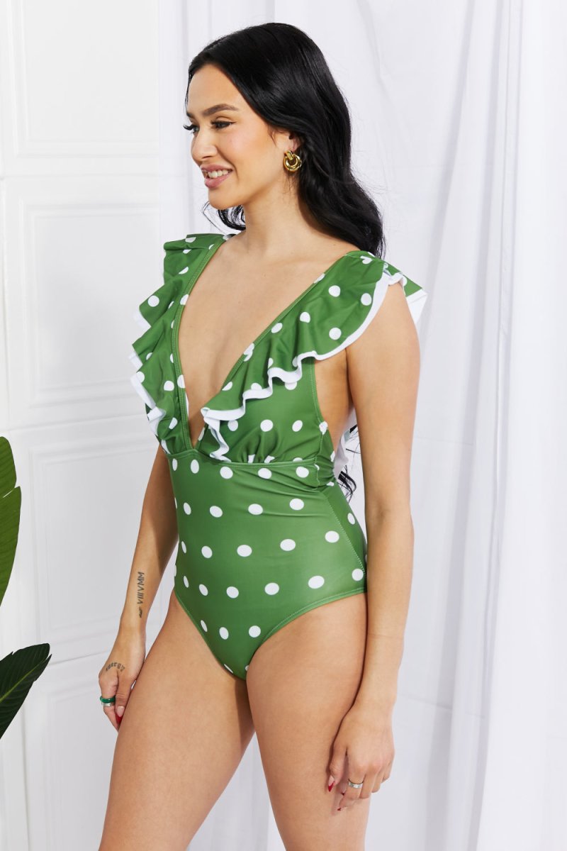 Marina West Swim Moonlit Dip Ruffle Plunge Swimsuit in Mid Green - Taplike