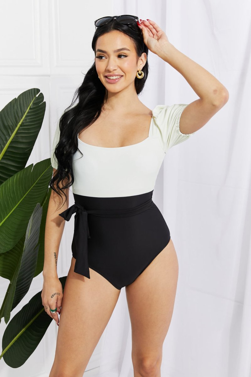 Marina West Swim Salty Air Puff Sleeve One-Piece in Cream/Black - Taplike