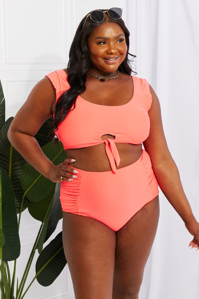 Marina West Swim Sanibel Crop Swim Top and Ruched Bottoms Set in Coral - Taplike