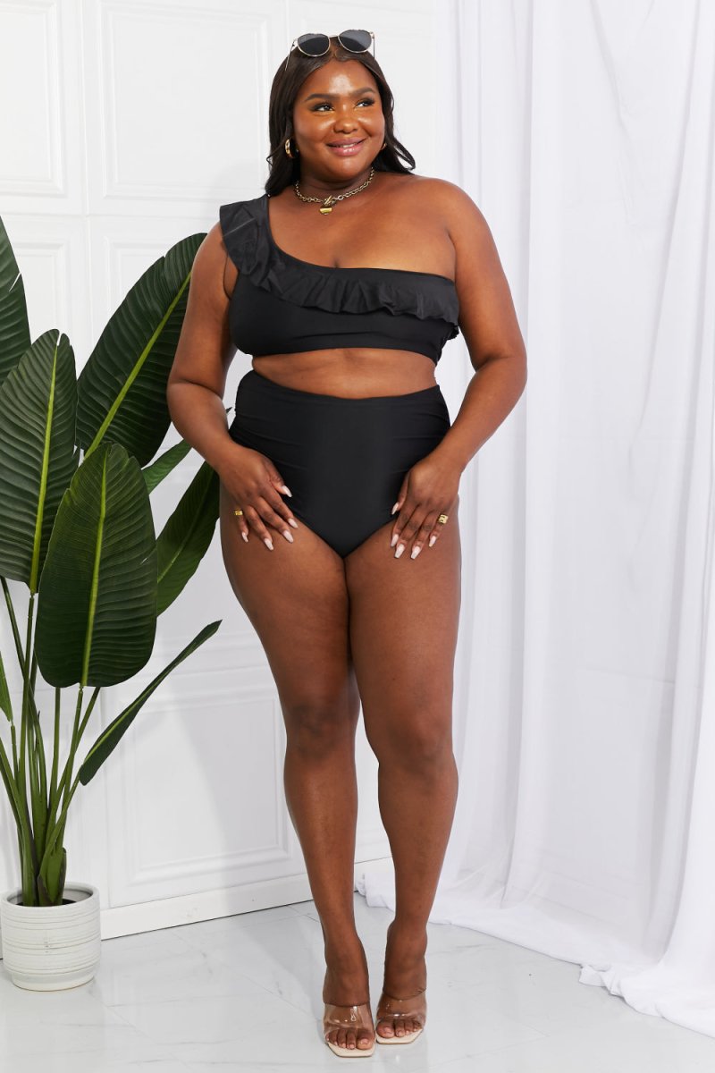Marina West Swim Seaside Romance Ruffle One-Shoulder Bikini in Black - Taplike