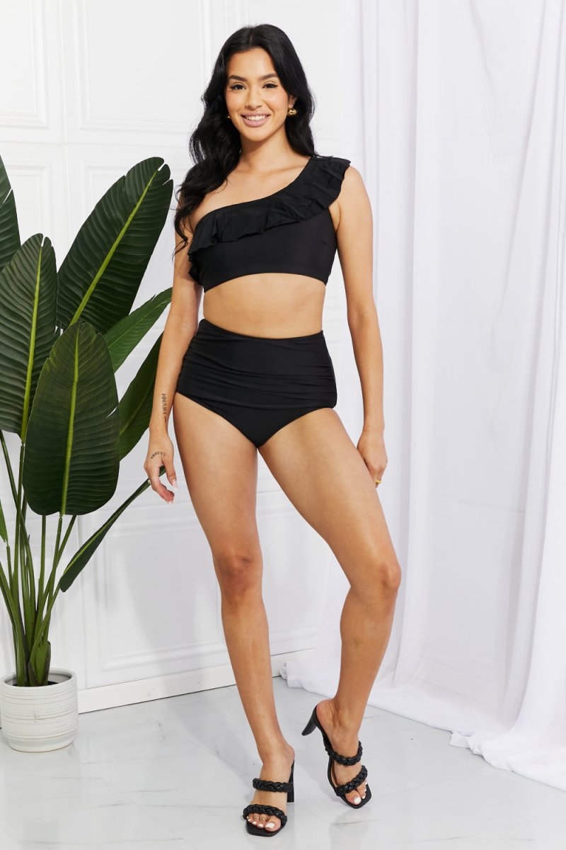 Marina West Swim Seaside Romance Ruffle One-Shoulder Bikini in Black - Taplike