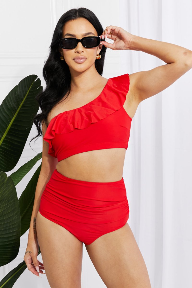 Marina West Swim Seaside Romance Ruffle One-Shoulder Bikini in Red - Taplike