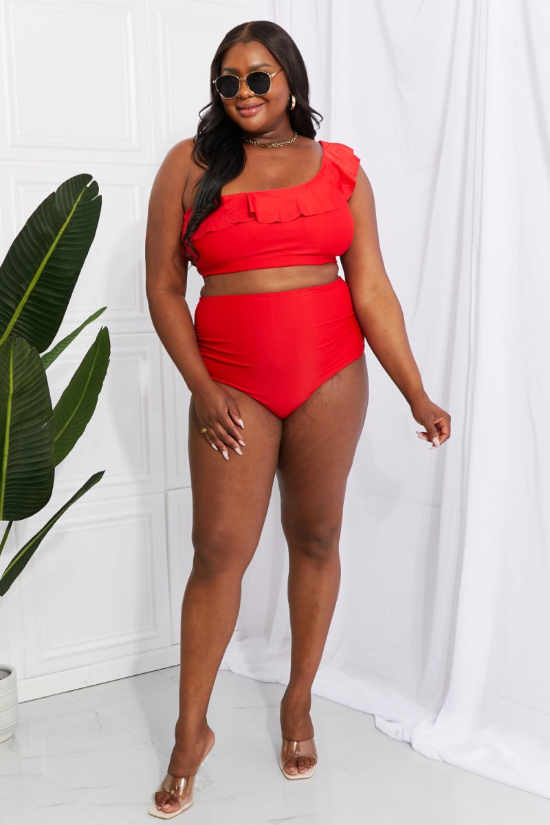 Marina West Swim Seaside Romance Ruffle One-Shoulder Bikini in Red - Taplike
