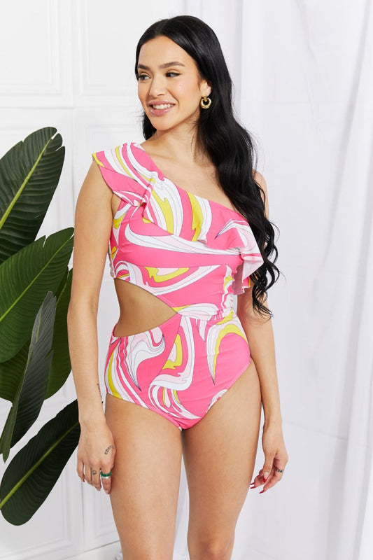 Marina West Swim Vitamin C Asymmetric Cutout Ruffle Swimsuit in Pink - Taplike