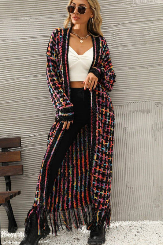 Multicolored Open Front Fringe Hem Cardigan - TapLike