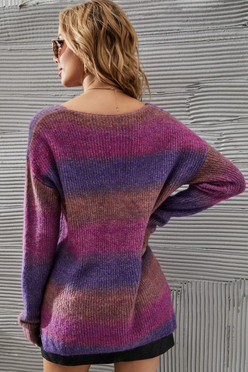 Multicolored Rib-Knit V-Neck Knit Pullover 10010054579 - TapLike