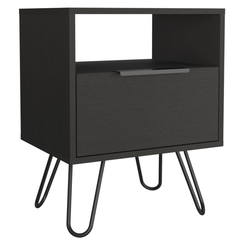 Nightstand Skyoner, Single Drawer, Hairpin Legs, Black Wengue Finish - Taplike