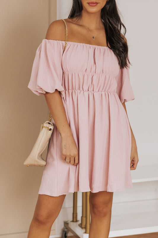 Off-Shoulder Balloon Sleeve Mini Dress - TapLike