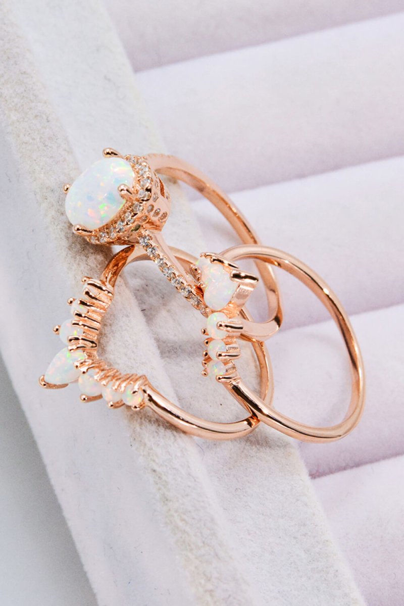 Opal and Zircon Three-Piece Ring Set - TapLike