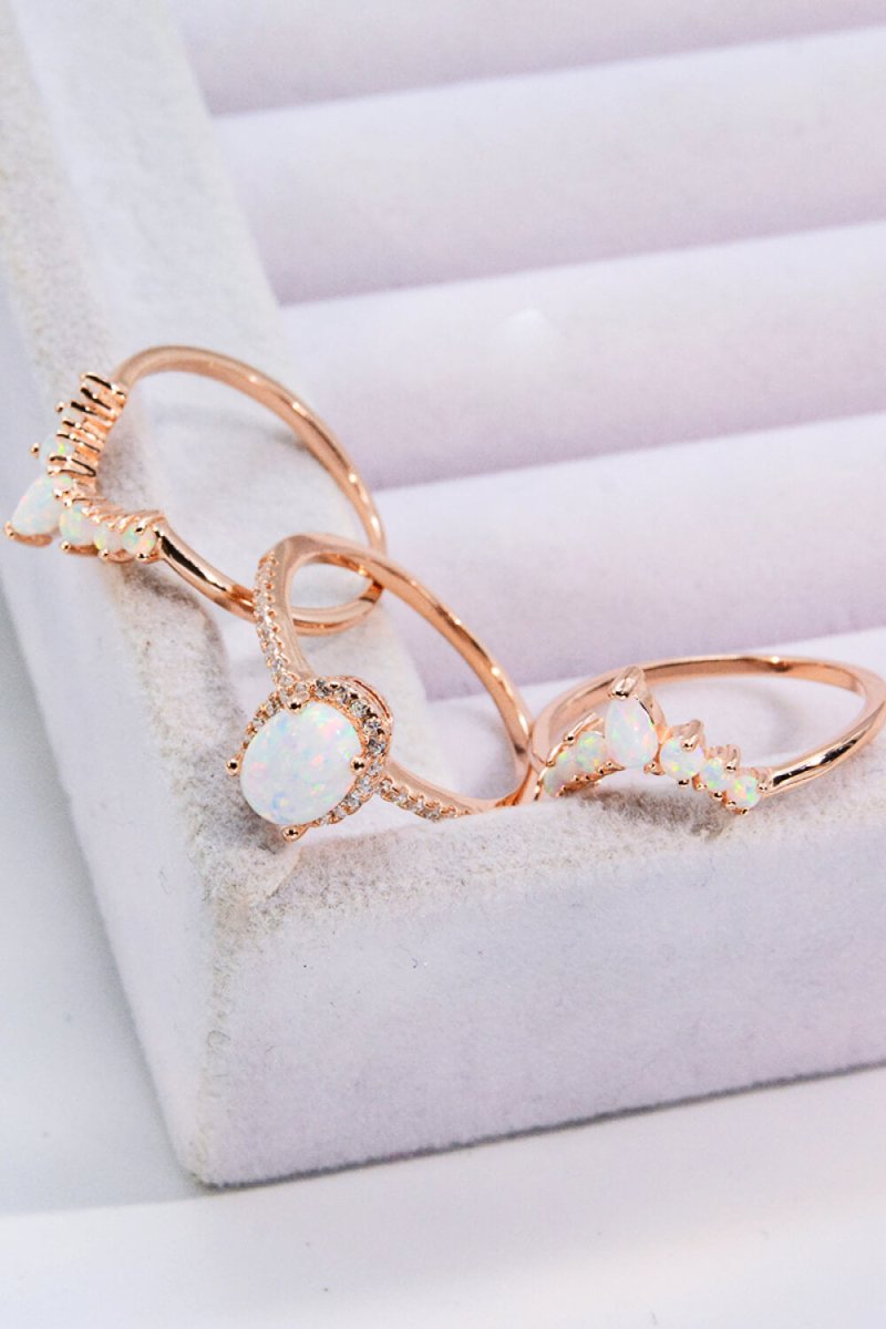 Opal and Zircon Three-Piece Ring Set - TapLike