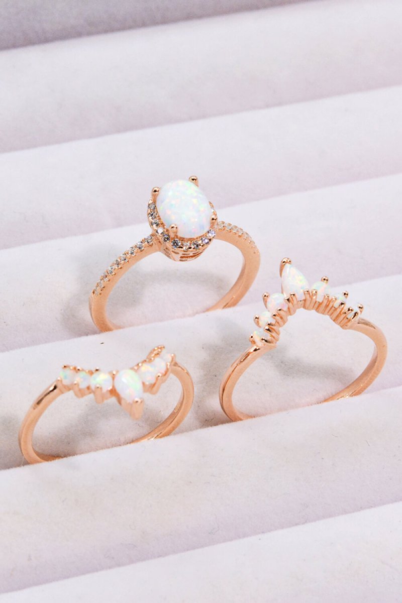 Opal and Zircon Three-Piece Ring Set - TapLike