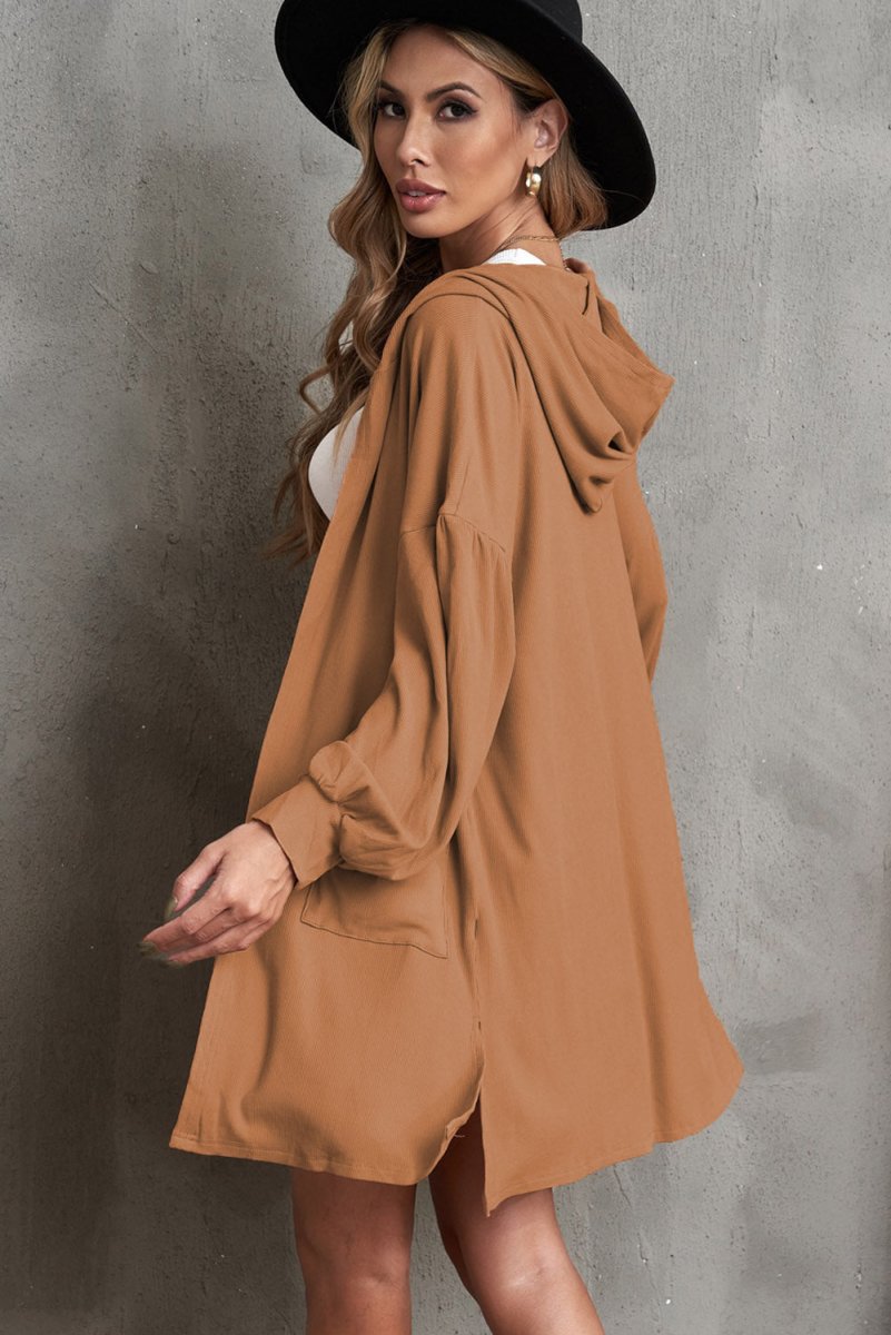 Open Front Hooded Longline Cardigan with Pockets - TapLike