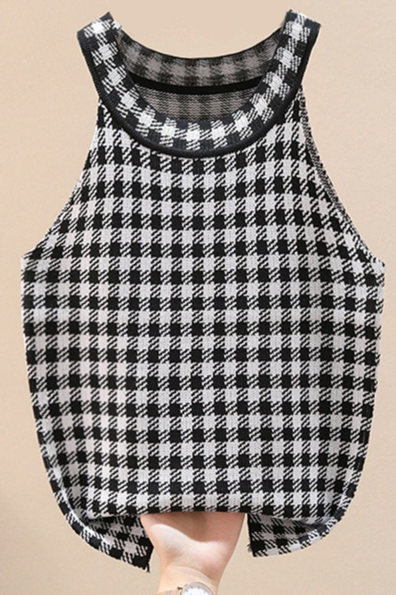 Plaid Round Neck Sleeveless Knit Top X - Taplike