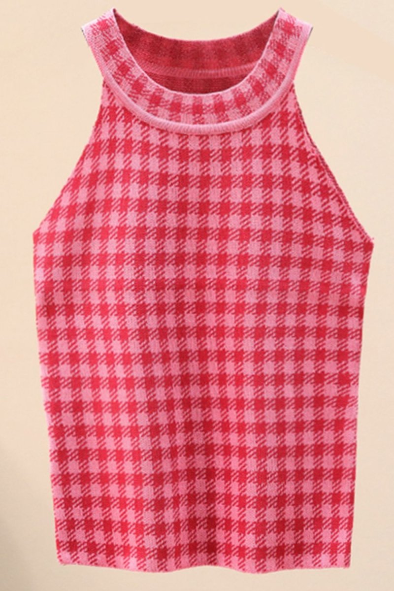 Plaid Round Neck Sleeveless Knit Top X - Taplike