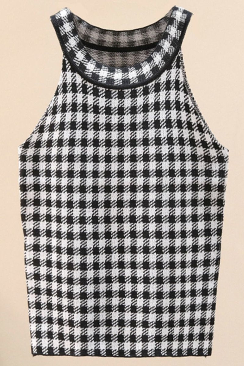 Plaid Round Neck Sleeveless Knit Top X - Taplike