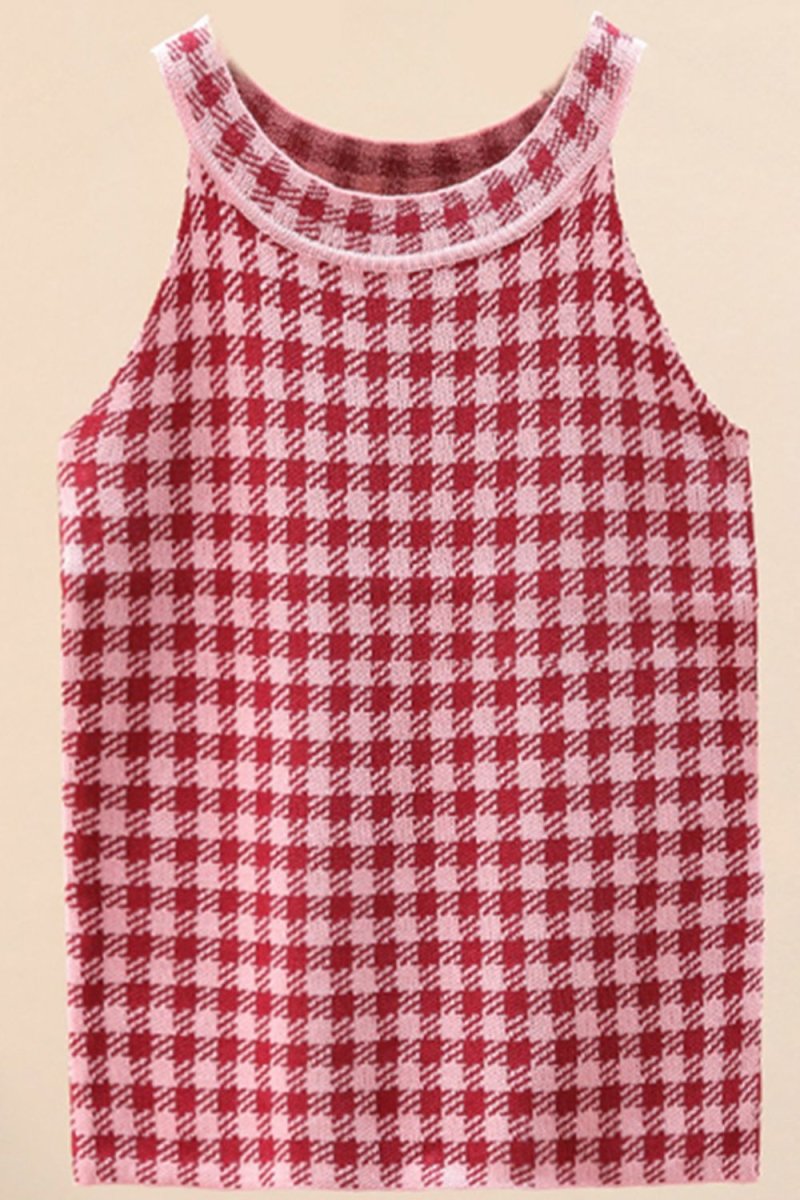 Plaid Round Neck Sleeveless Knit Top X - Taplike