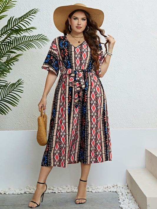 Plus Size Bohemian V-Neck Tie Belt Midi Dress CFG - Taplike