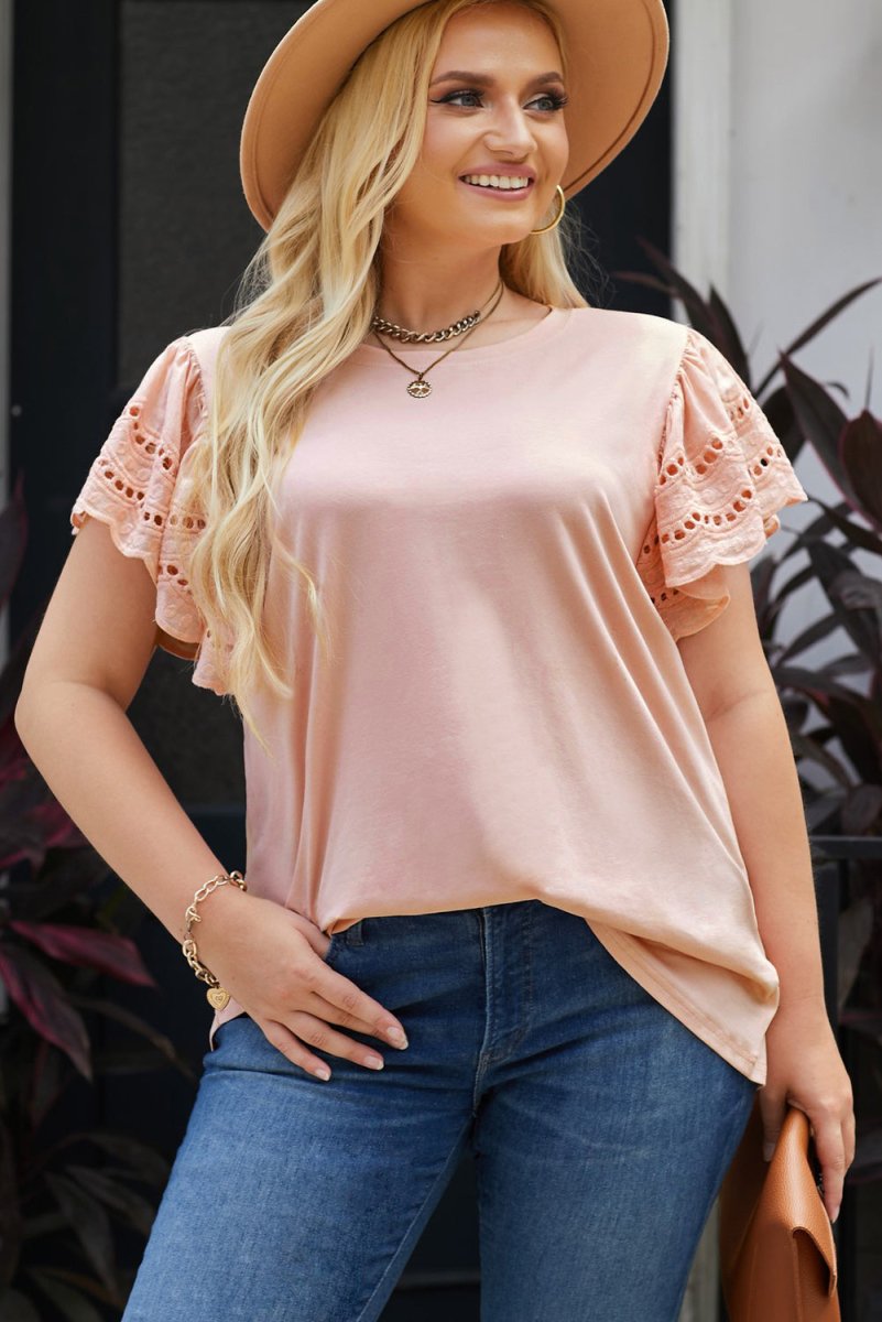 Plus Size Butterfly Sleeve Round Neck Top - Taplike