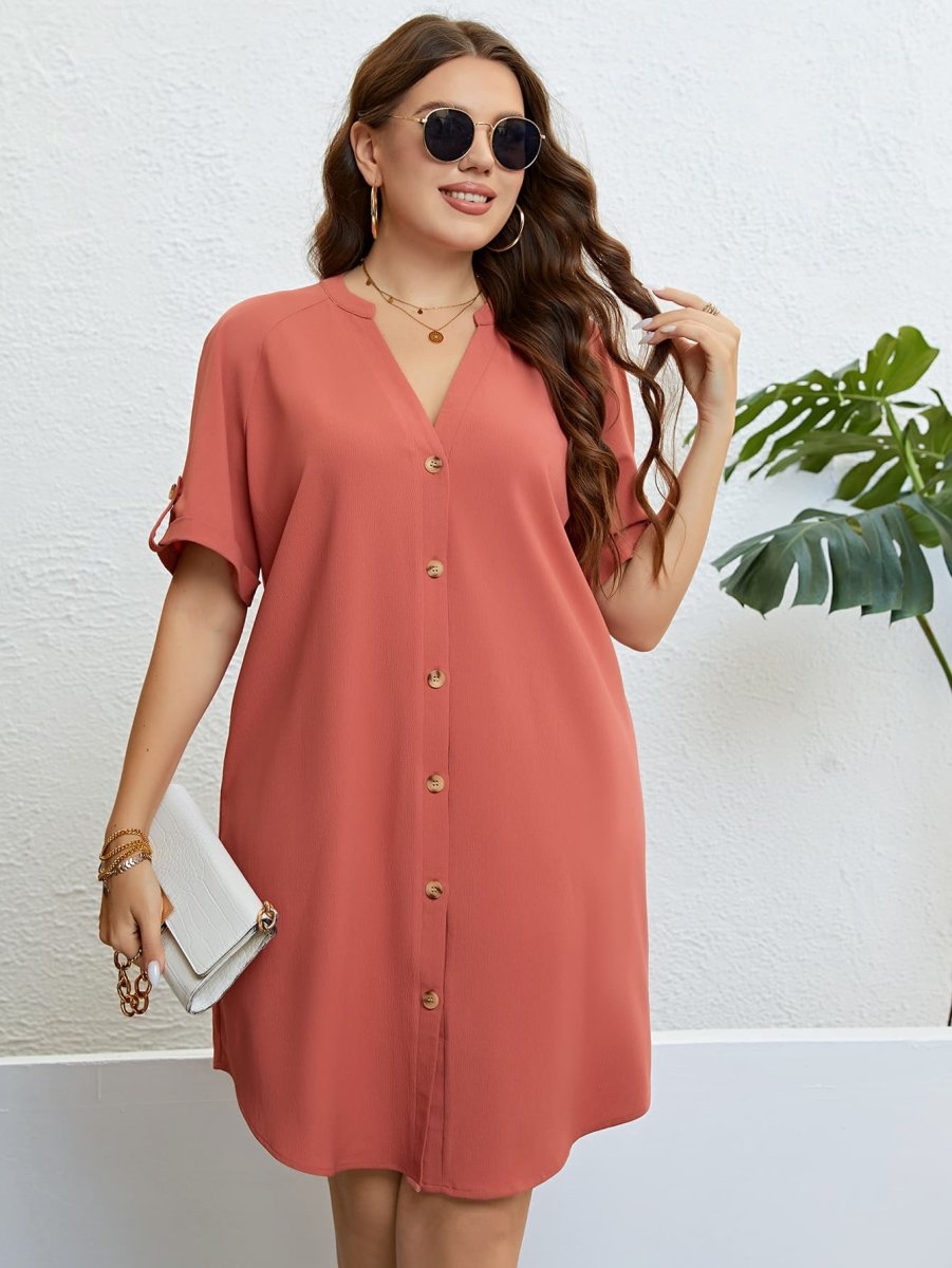 Plus Size Buttoned Notched Neck Shift Dress - TapLike