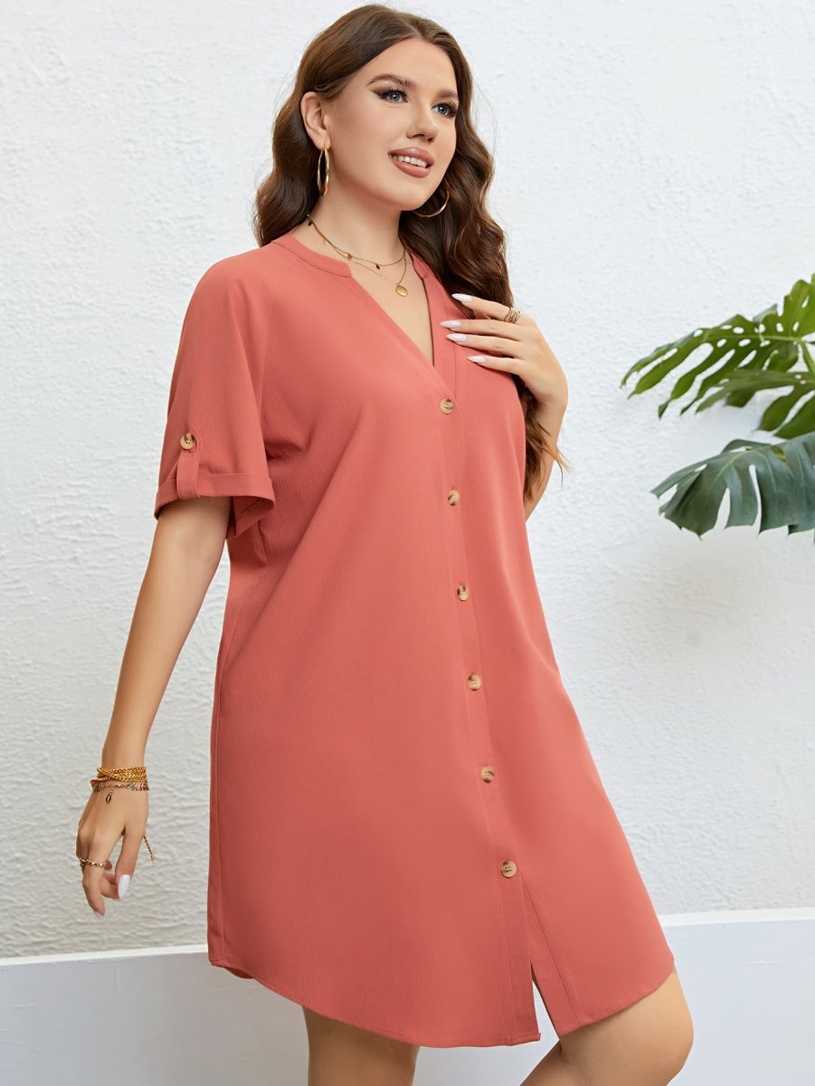 Plus Size Buttoned Notched Neck Shift Dress - TapLike