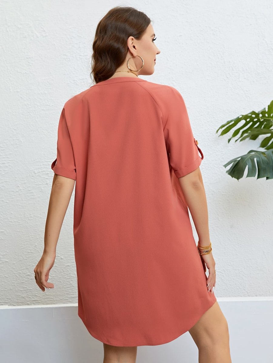 Plus Size Buttoned Notched Neck Shift Dress - TapLike