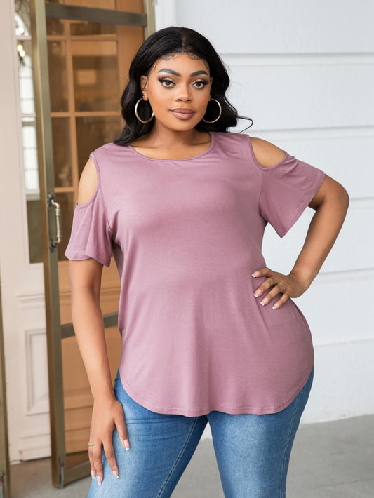 Plus Size Cold-Shoulder Round Neck Curved Hem Tee - Taplike