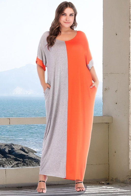 Plus Size Color Block Tee Dress with Pockets - TapLike