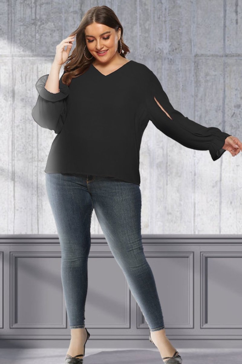 Plus Size Cutout Flounce Sleeve Blouse - TapLike