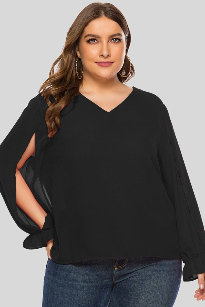 Plus Size Cutout Flounce Sleeve Blouse - TapLike