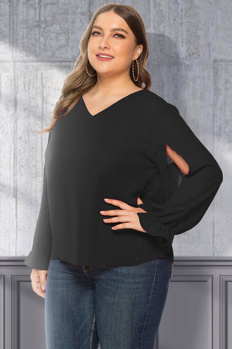 Plus Size Cutout Flounce Sleeve Blouse - TapLike