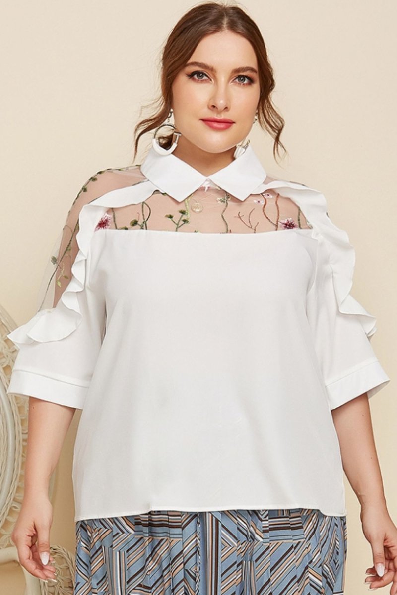 Plus Size Embroidered Ruffle Trim Collared Half Sleeve Blouse - TapLike