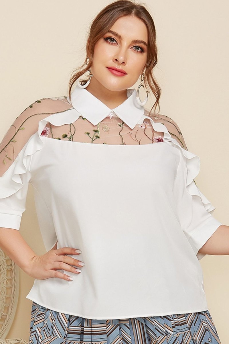 Plus Size Embroidered Ruffle Trim Collared Half Sleeve Blouse - TapLike