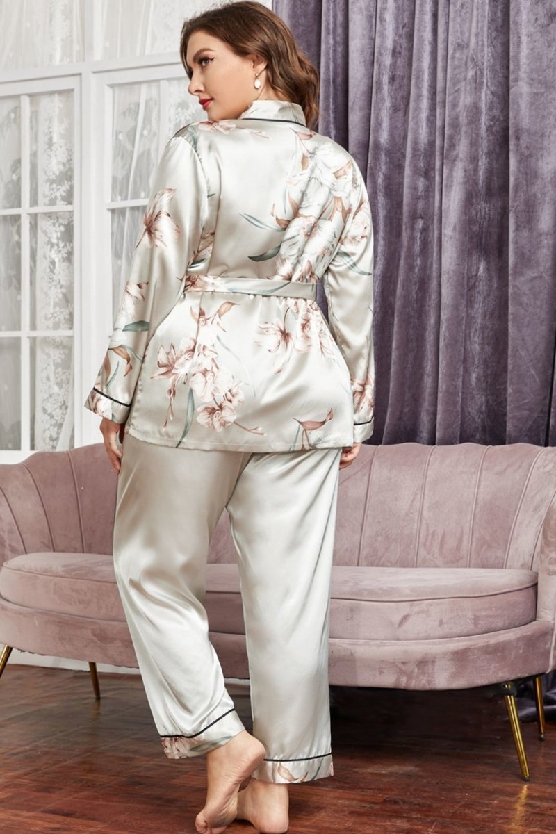 Plus Size Floral Belted Robe and Pants Pajama Set - TapLike