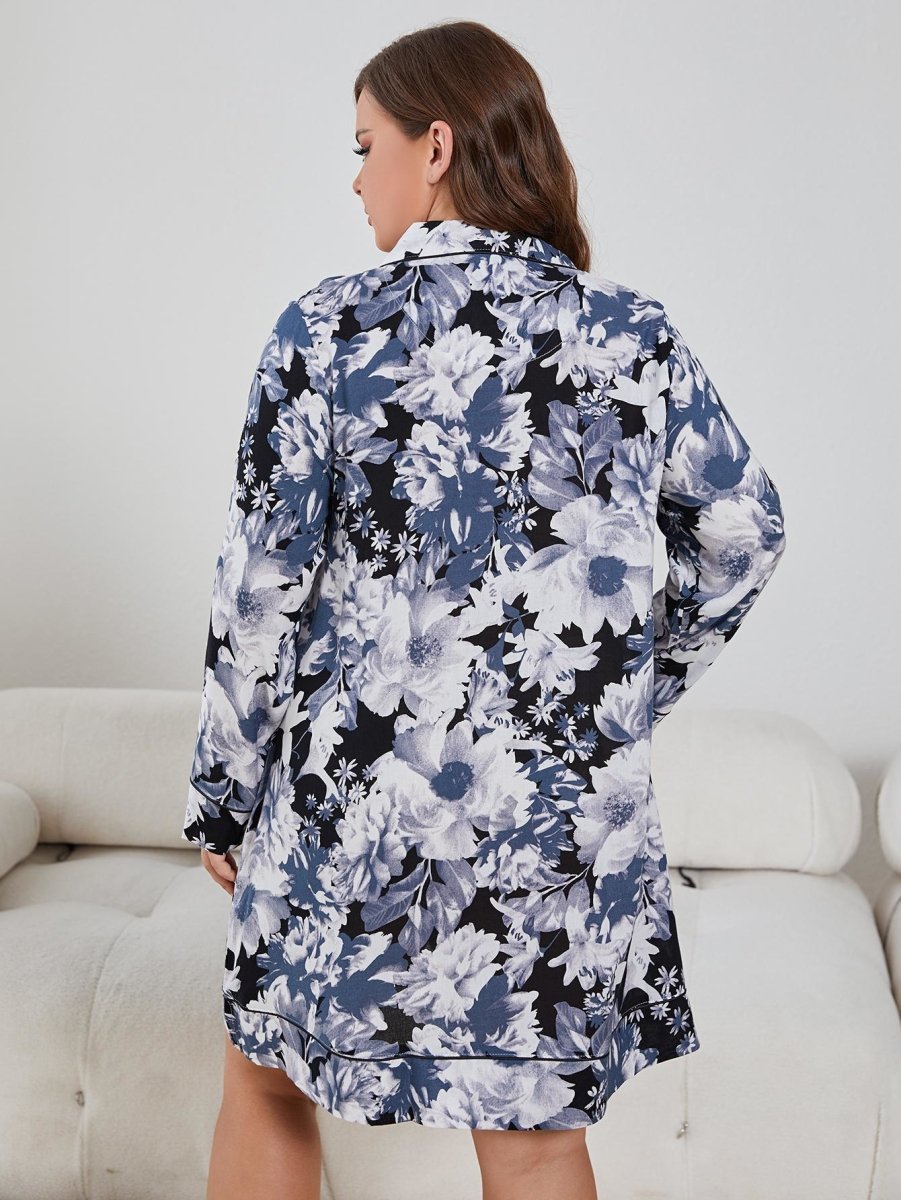 Plus Size Floral Lapel Collar Long Sleeve Night Dress - TapLike