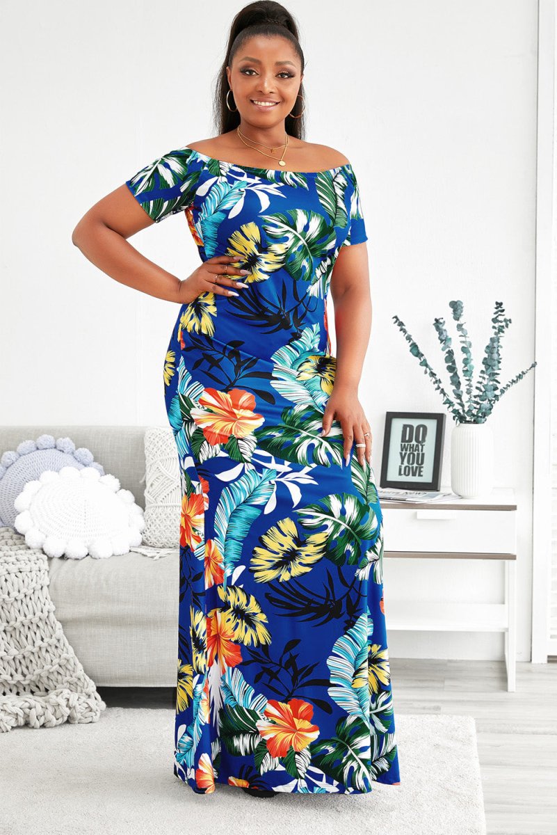 Plus Size Floral Off-Shoulder Short Sleeve Fishtail Dress - TapLike