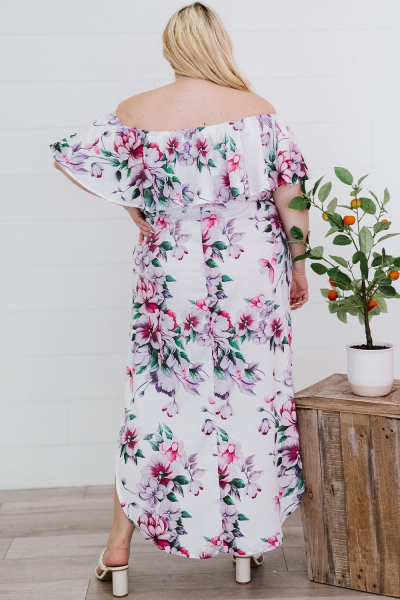 Plus Size Floral Off-Shoulder Side Slit Layered Dress - TapLike