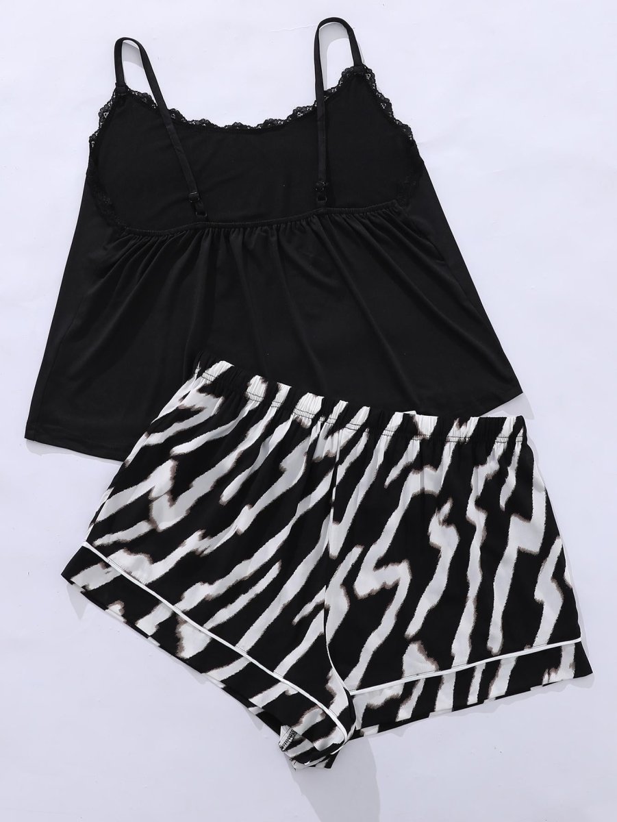Plus Size Lace Trim Scoop Neck Cami and Printed Shorts Pajama Set CFG - Taplike