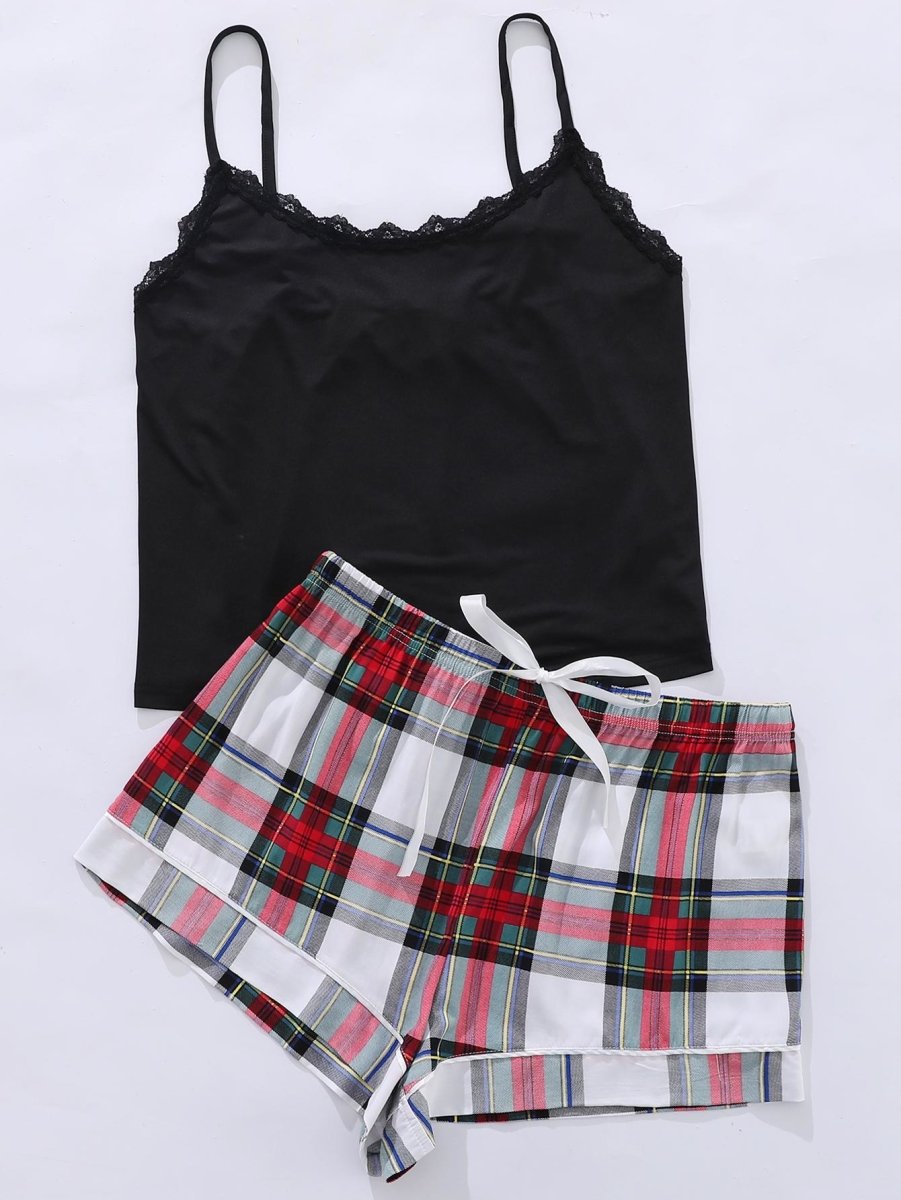 Plus Size Lace Trim Scoop Neck Cami and Printed Shorts Pajama Set CFG - Taplike