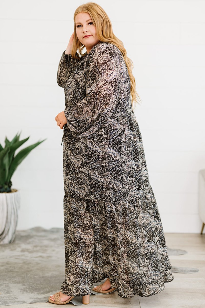 Plus Size Paisley Print Balloon Sleeve Maxi Dress - TapLike