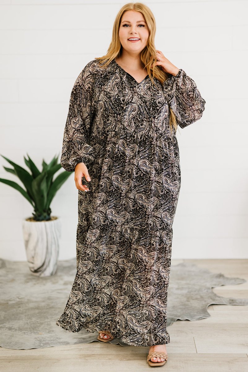 Plus Size Paisley Print Balloon Sleeve Maxi Dress - TapLike