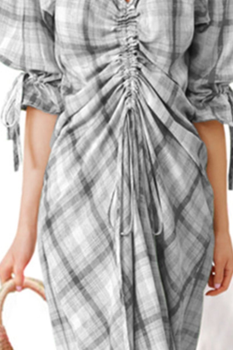 Plus Size Plaid Drawstring Detail Flounce Sleeve Dress - TapLike