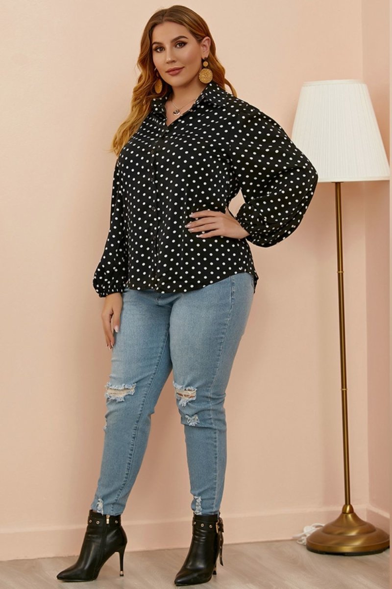 Plus Size Polka Dot Balloon Sleeve Shirt - TapLike