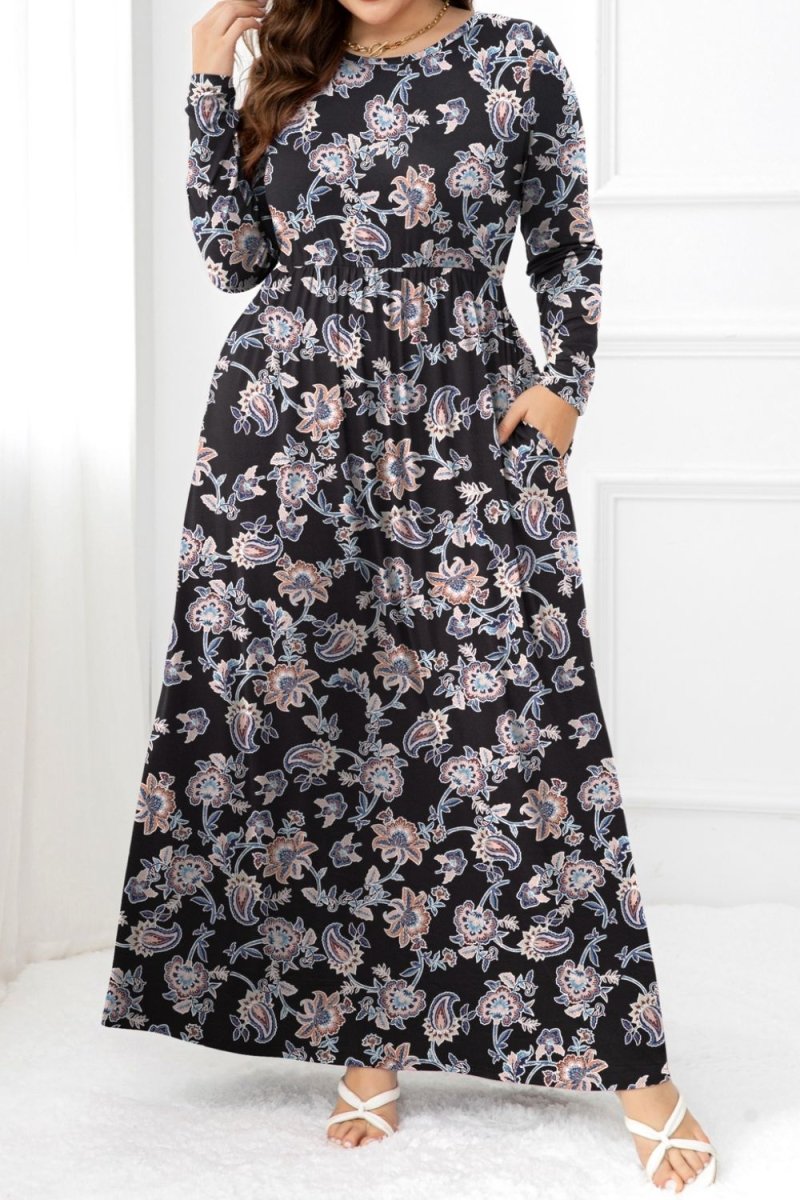 Plus Size Round Neck Long Sleeve Maxi Dress with Pockets - TapLike