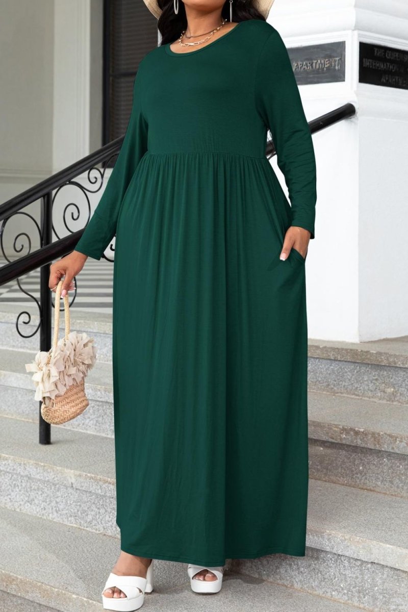 Plus Size Round Neck Long Sleeve Maxi Dress with Pockets - TapLike