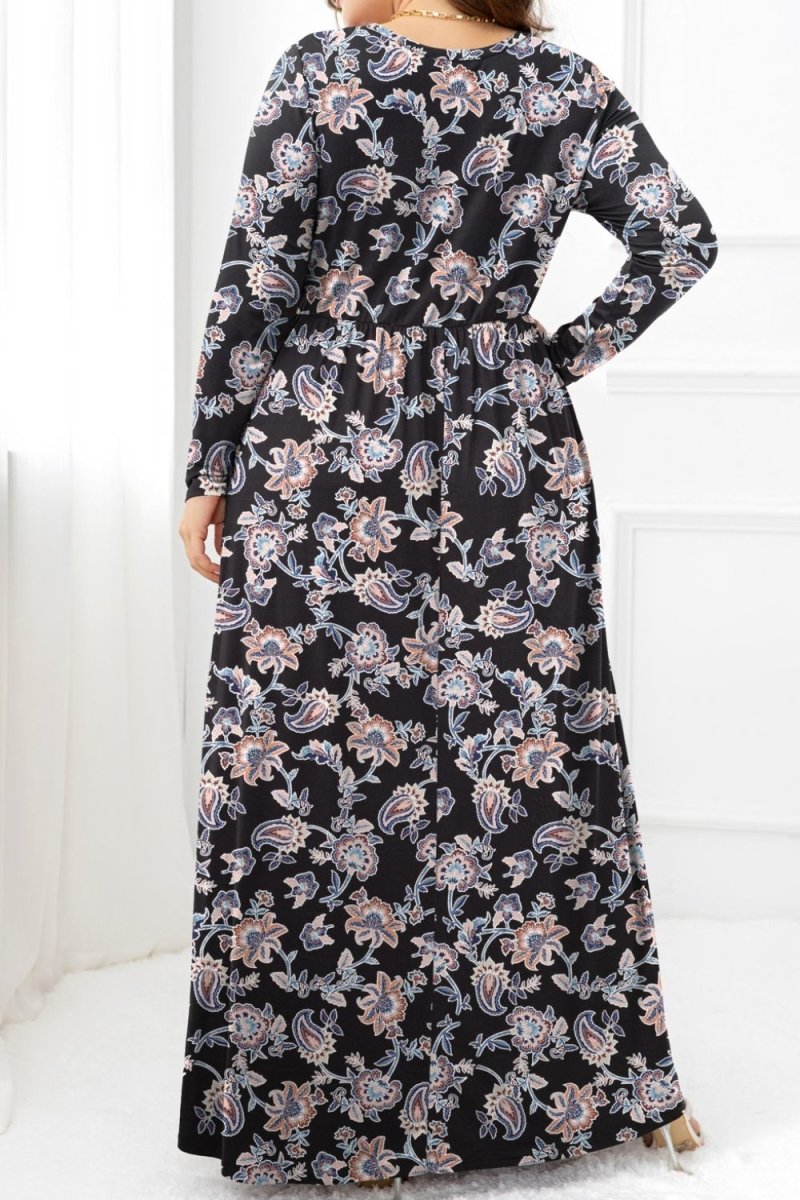 Plus Size Round Neck Long Sleeve Maxi Dress with Pockets - TapLike
