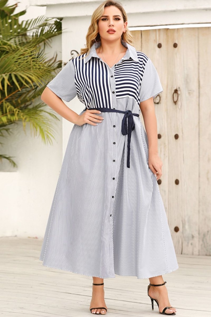 Plus Size Striped Belted Button-Up Shirt Dress CFG - Taplike